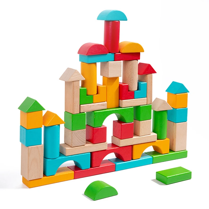50pcs/set Mediniai Geometrijos Vaivorykštė paaukštinimo elementai, Statybiniai Blokai, Žaislų, Didelis Blokų Surinkimas Stacker Žaidimas su Medienos dėžė Švietimo Dovanos